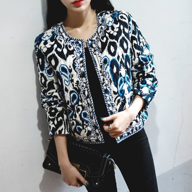 Blue Ethnic Quilted Bomber Jackets