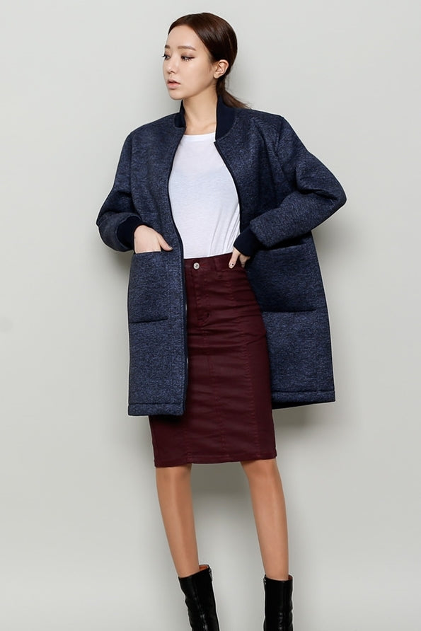 Navy Blue Neoprene Bomber Style Long Coats