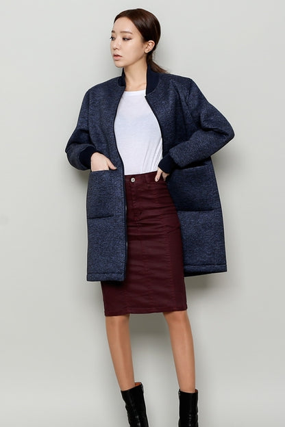Navy Blue Neoprene Bomber Style Long Coats