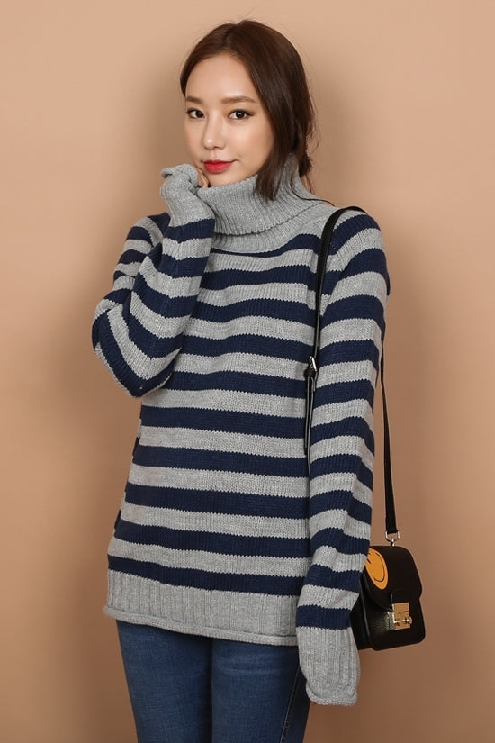 Navy Blue Striped Patterned Turtleneck Sweaters