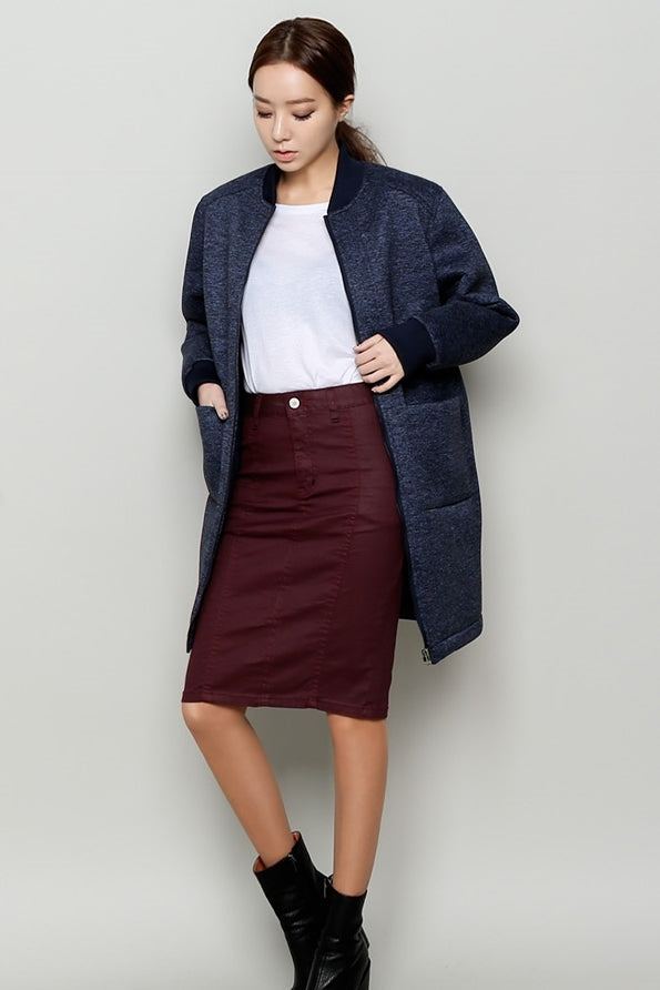 Navy Blue Neoprene Bomber Style Long Coats