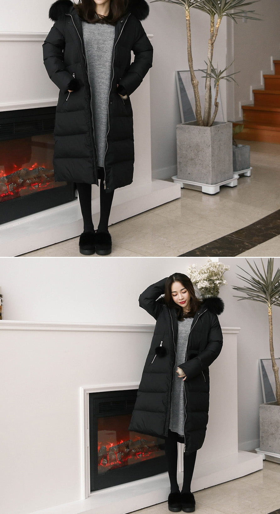 Black Hooded Fur Long Puffers Coats