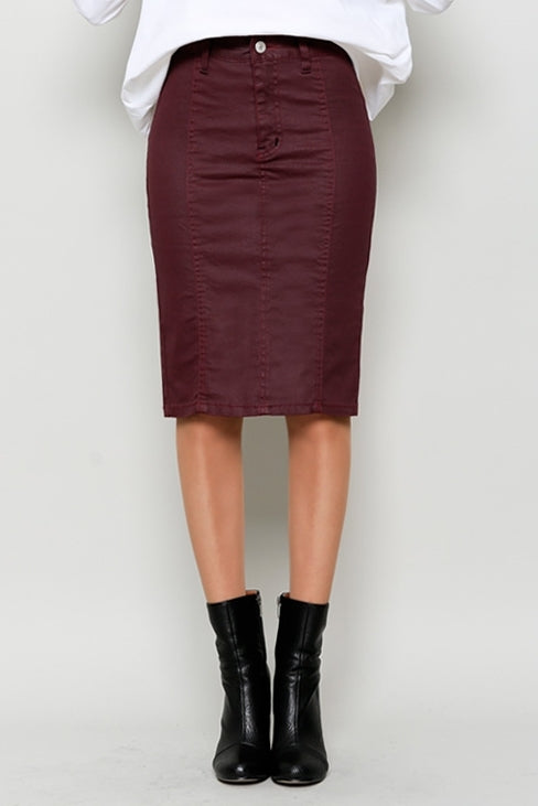 Burgundy Red Coated Washed Jean Pencil Midi Skirts