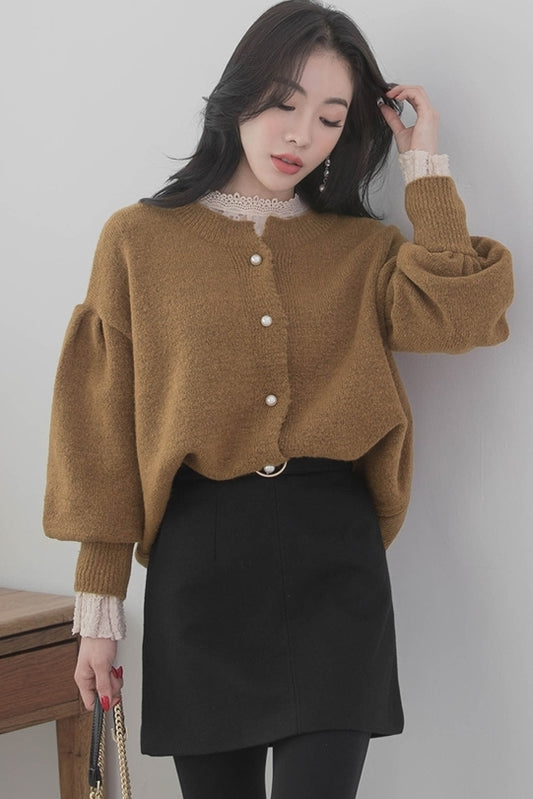 Brown Puff Sleeved Wool Blend Cardigans