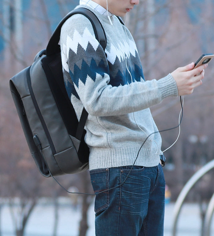 Grey USB PORT Rechargeable Faux Leather Backpacks