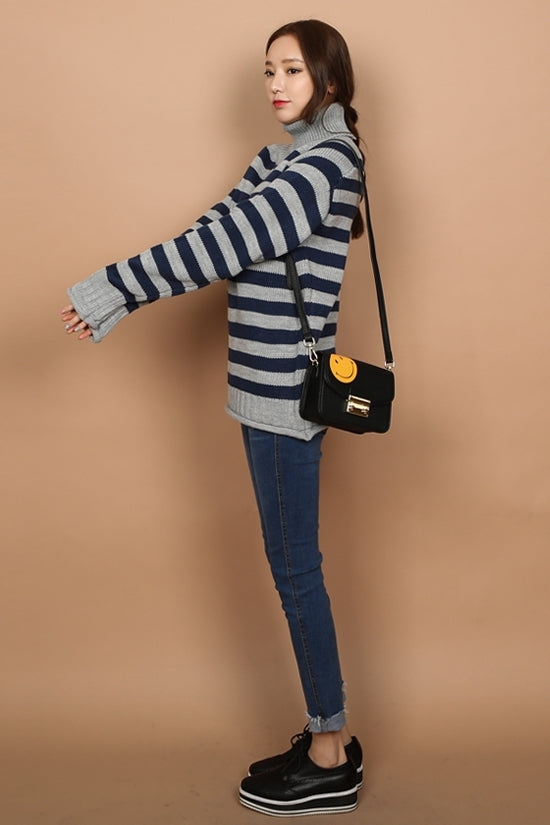 Navy Blue Striped Patterned Turtleneck Sweaters