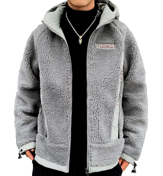 Grey YEEMEST Shearling Hoodies Mens Streetwear Hooded Jackets Zipup