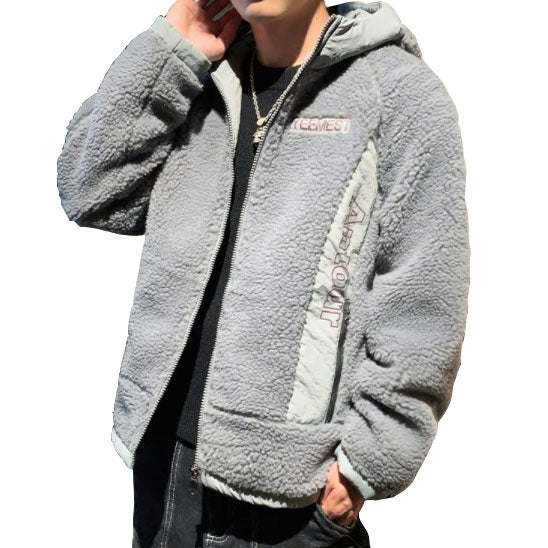 Gray YEEMEST Shearling Hoodies Mens Streetwear Hooded Jackets Winter