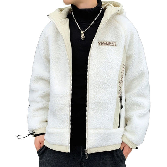 White YEEMEST Shearling Hoodies Mens Streetwear Hooded Jackets Zipup