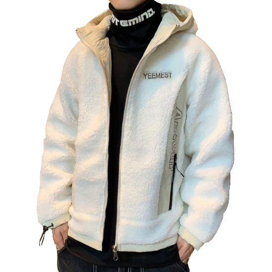 White YEEMEST Shearling Hoodies Mens Streetwear Hooded Jackets Winter